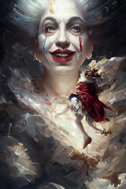 Image similar to art masterpice, comical clown faced queen elizabeth descending from the clouds, intricate, beautiful cinematic lighting, stunning painting by artgerm, caravaggio, android jones, wadim kashin