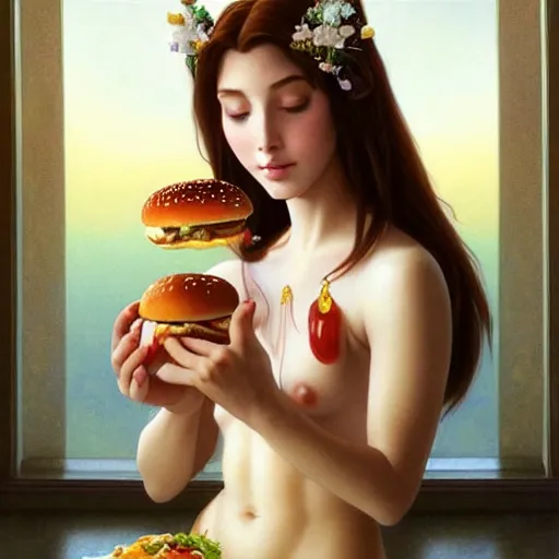 Prompt: portrait of sacred goddess venus eating hamburgers, extra onions and ketchup, luscious patty with sesame seeds, feminine ethereal, handsome, d & d, fantasy, intricate, elegant, highly detailed, digital painting, artstation, concept art, matte, sharp focus, illustration, art by artgerm and greg rutkowski and alphonse mucha