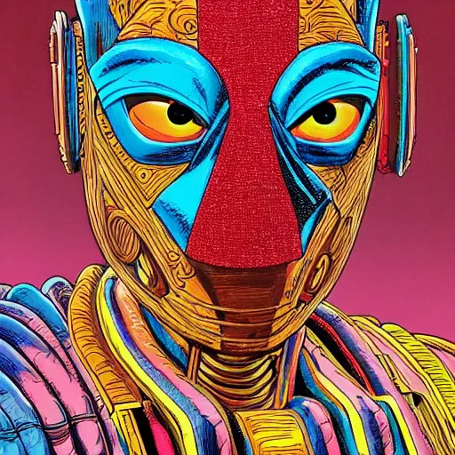 Image similar to beautiful portrait of the colorful masked humanoid android, vivid colors, intricate, highly detailed, masterful, in the style of moebius, akira toriyama, jean giraud