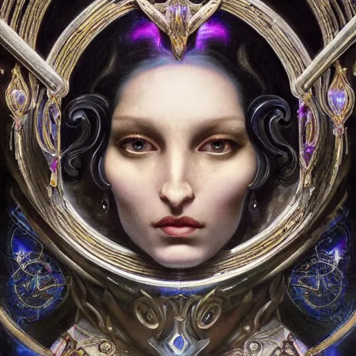Prompt: masterpiece baroque neoclassicist closeup renaissance portrait of a art deco witch, iridescent glowing eyes. reflective detailed textures, highly detailed fantasy science fiction painting by magali villeneuve, annie swynnerton, peter mohrbacher and jean delville and nicholas roerich, elaborate geometric ornament, ancient runes, silver and cool colors. artstation