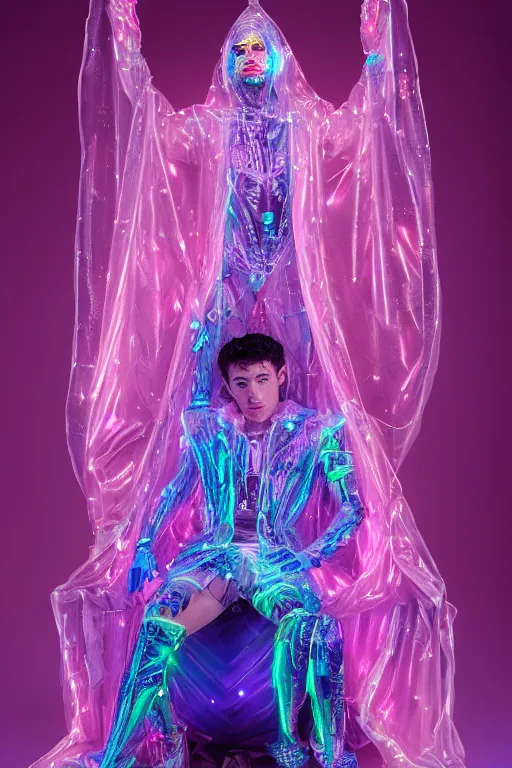 Image similar to full-body rococo and cyberpunk delicate neon crystalline sculpture of (((muscular slender Nick Jonas))) as an iridescent humanoid deity wearing a thin see-through ((plastic hooded cloak)) sim roupa, reclining con (las piernas abiertas), glowing pink face, crown of (((white lasers))), large diamonds, swirling black silk fabric. futuristic elements. oozing glowing liquid, full-length view. space robots. (((human skulls))). throne made of bones, intricate artwork by caravaggio. Trending on artstation, octane render, cinematic lighting from the right, hyper realism, octane render, 8k, depth of field, 3D