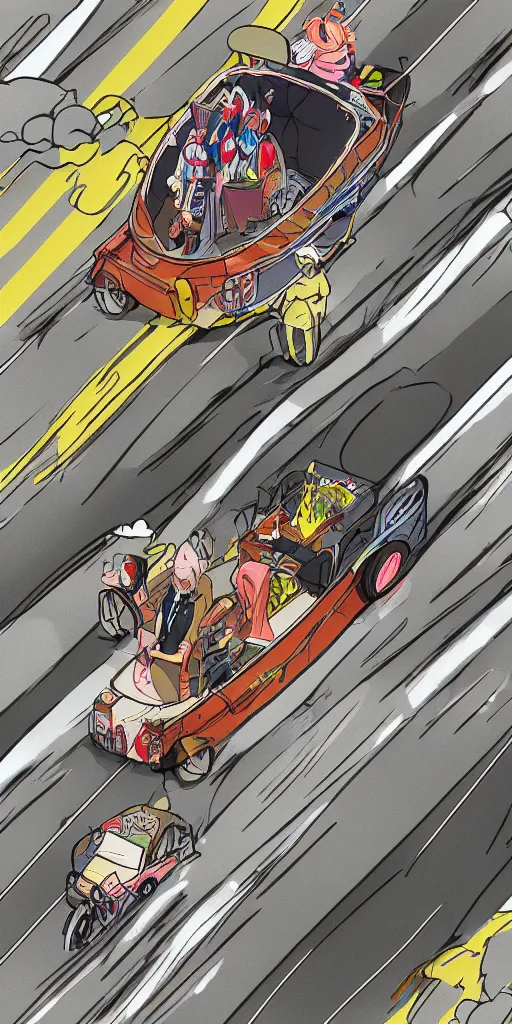 Image similar to a birds eye view of a man in a chariot in tokyo, driving fast, drawn like the anime speed racer, full color