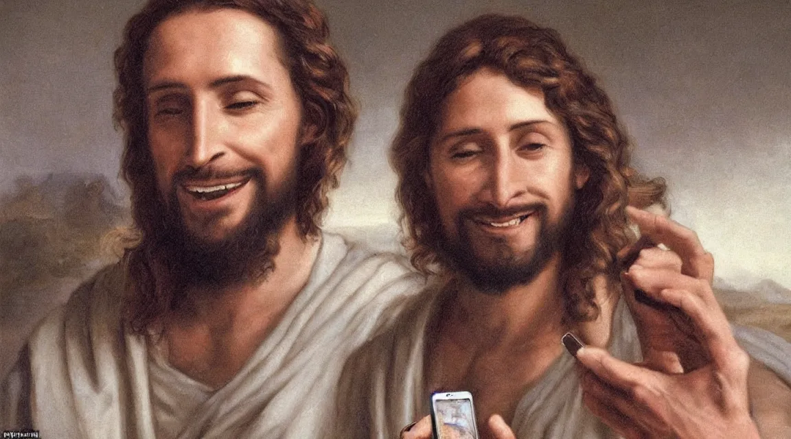 Image similar to portrait of jesus laughin because see a meme in him cellphone, no letters