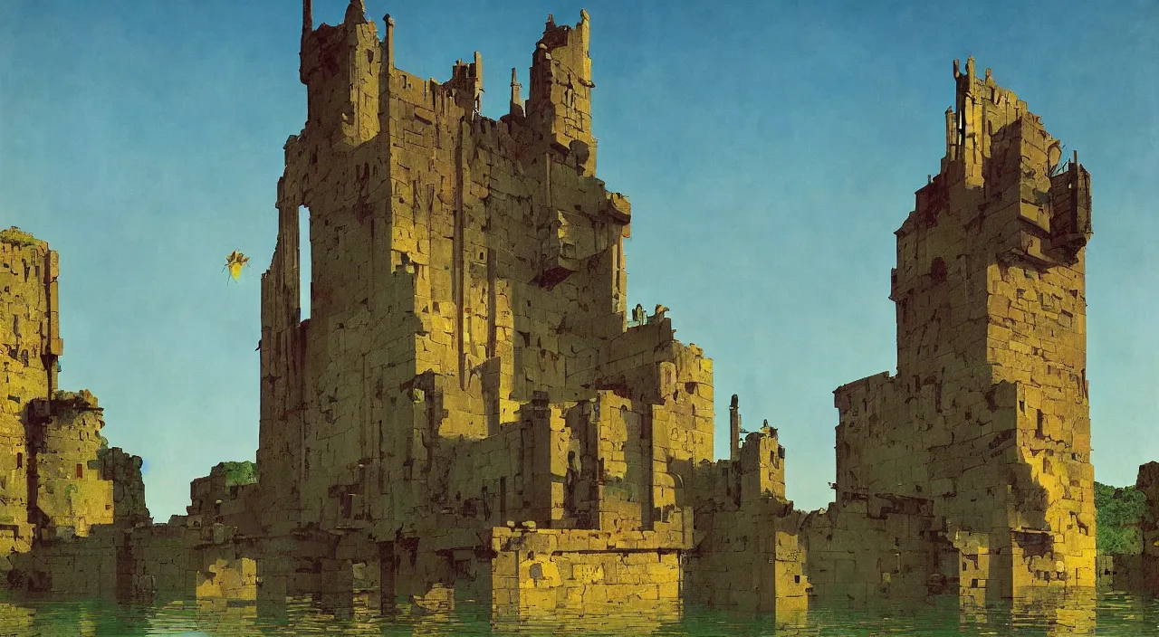 Prompt: single flooded ancient tower, very coherent and colorful high contrast!! painting by rene magritte simon stalenhag carl spitzweg syd mead norman rockwell edward hopper james gilleard, dark shadows, sunny day, hard lighting, masterpiece