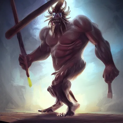 Image similar to Kaido the beast digital painting, giant muscular body, holding giant wooden club, dramatic lighting, highly detailed, concept art