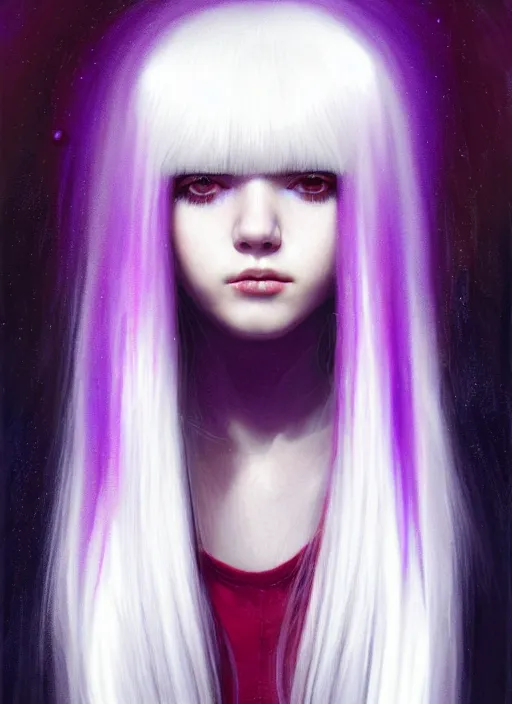 Image similar to hair whitebangs hair, black hair, whitebangs, portrait of teenage girl with white bangs, red irises, purple clothes, white bangs, bangs are different color from hair, intricate, elegant, glowing lights, highly detailed, digital painting, artstation, concept art, smooth, sharp focus, illustration, art by wlop, mars ravelo and greg rutkowski