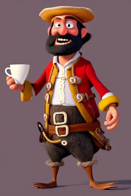 Image similar to portrait of the pirate blackbeard holding a cup of coffee, full body. pixar disney 4 k 3 d render funny animation movie oscar winning trending on artstation and behance. ratatouille style.