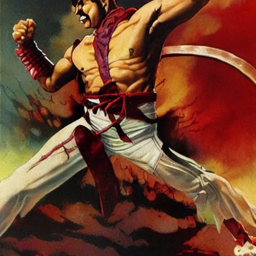 Prompt: freddy mercury as ryu from street fighter, painting by frank frazetta, 4 k, ultra realistic, highly detailed,