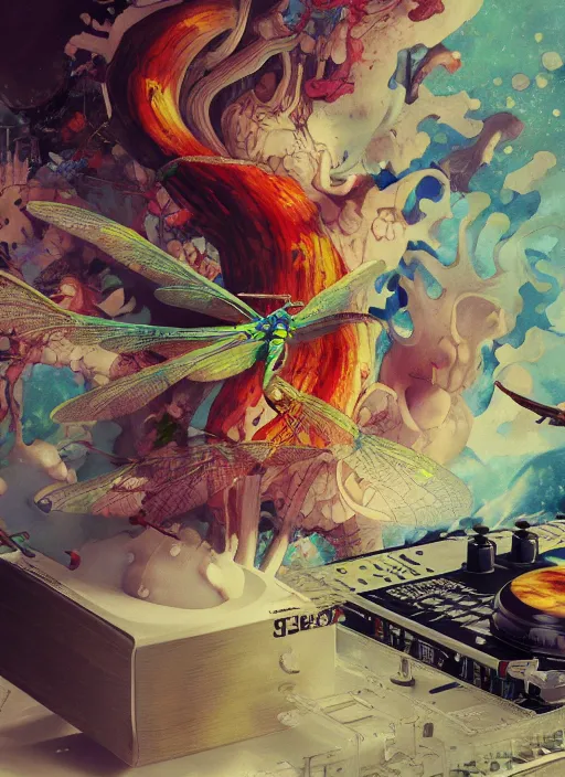 Image similar to surreal gouache painting, by yoshitaka amano, by ruan jia, by Conrad roset, by good smile company, detailed anime 3d render of a magical Dragonfly flying over a Mushroom on a DJ Mixer, Vinyl deck, controller, portrait, cgsociety, artstation, rococo mechanical and Digital and electronic, dieselpunk atmosphere