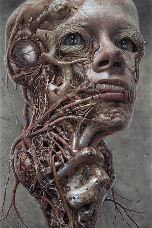 Prompt: Human heart, hyper-realistic oil painting, Body horror, biopunk, by Peter Gric, Marco Mazzoni