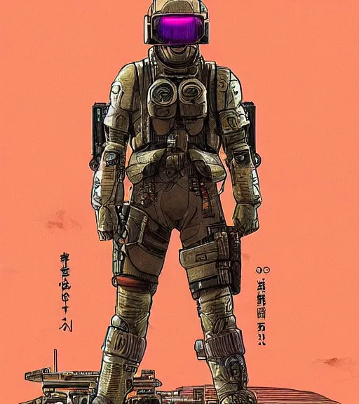 Image similar to a cyberpunk soldier with tactical gear and a rifle patrols a Japanese city on mars, Industrial Scifi, detailed illustration, character portrait, by Martin Grip and Moebius