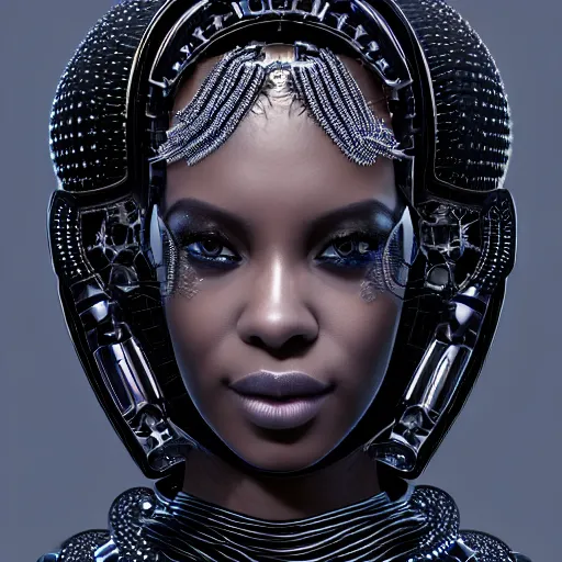 Prompt: portrait of an absurdly beautiful, graceful, sophisticated, fashionable black cyberpunk mechanoid gravure idol, hyperdetailed illustration by irakli nadar, adut akech, matt wisniewski style, intricate linework, dark black skin, jellyfish headdress, crystal ruff, unreal engine 5 highly rendered, global illumination, iridescent light, detailed and intricate environment