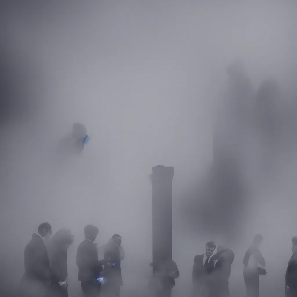 Prompt: In a foggy office,a group of men in gray suits look at stones, rocks,, peebles and dried plants purple smoke in the style of Michael Mann, hyperrealistic, f1.8