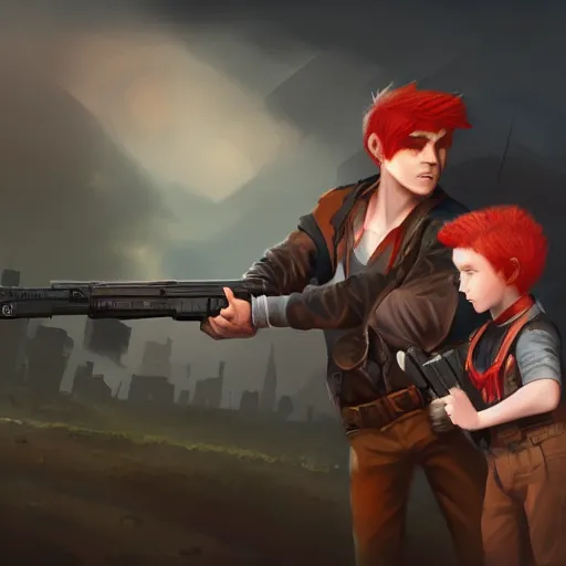 Image similar to a concept art of a boy and a girl with red hair holding a gun, highly detailed, digital painting, artstation, concept art, smooth, sharp focus, illustration