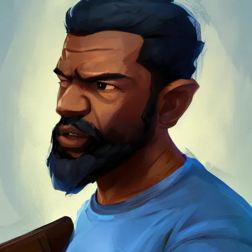 Image similar to man with blue shirt, brown skin, beard, and a blue pickaxe in grand theft auto art style, dnd character art portrait, matte fantasy painting, deviantart artstation, by jason felix by steve argyle by tyler jacobson by peter mohrbacher, cinema c 9. 0