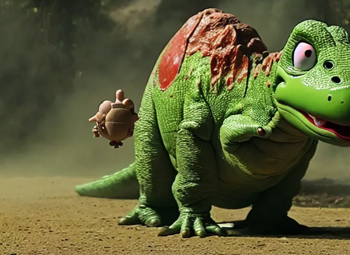 Image similar to film still of yoshi in the new sci - fi movie, cute upright standing upright upright dinosaur standing on its hind legs with a small red turtle shell and sticking out a long sticky tongue, 8 k