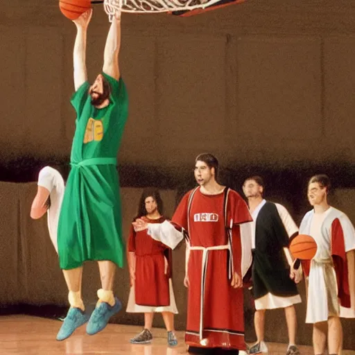 Image similar to Jesus wearing robes dunks a ball in the net while in a basketball court alone , hd