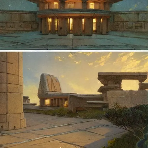 Image similar to STAR TREK house night time architecture designed in ancient Greece, (SFW) safe for work, photo realistic illustration by greg rutkowski, thomas kindkade, alphonse mucha, loish, norman rockwell