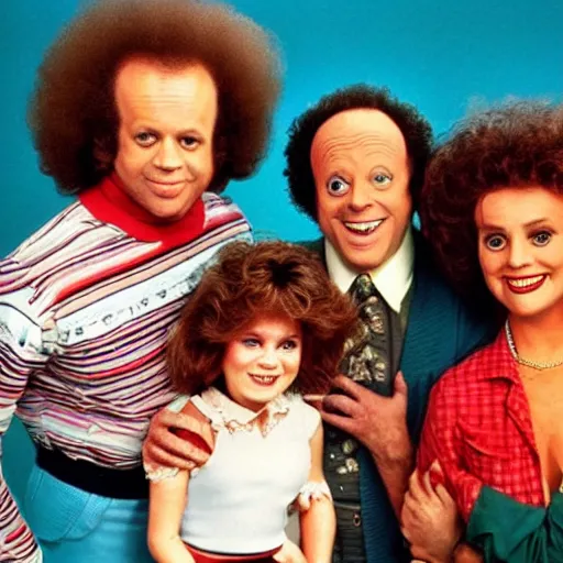 Prompt: vintage 1 9 8 0's sitcom publicity photo, a happy photogenic family and richard simmons as a horrifying angry detailed monstrous demon creature inside a 1 9 8 0's sitcom living room