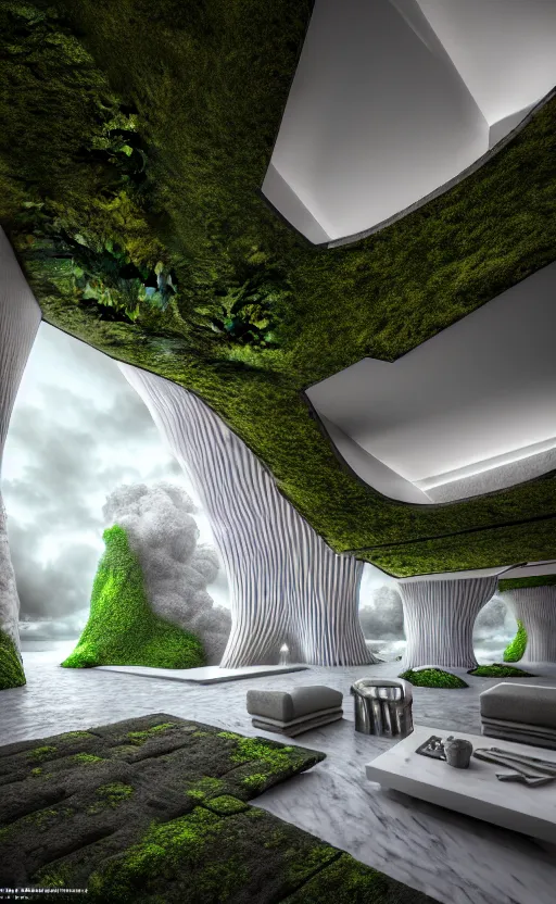 Prompt: highly detailed ultra sharp 3 d render villa interior cinematic composition of a smooth ceramic porcelain biomorphic magnolia stone nebula fluid fractal sci - fi surreal architecture landscape, granite, metallic, silver, marble, moss and lichen, vincent callebaut composition, mamou - mani, archviz, beautiful lighting, 8 k, unreal engine, hdr