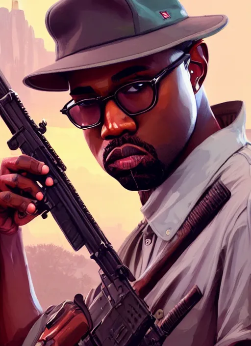 Image similar to highly detailed portrait kanye west holding rifle in gta v stephen bliss unreal engine fantasy art by greg rutkowski loish rhads ferdinand knab makoto shinkai lois van baarle ilya kuvshinov rossdraws tom bagshaw global illumination radiant light detailed intricate environment