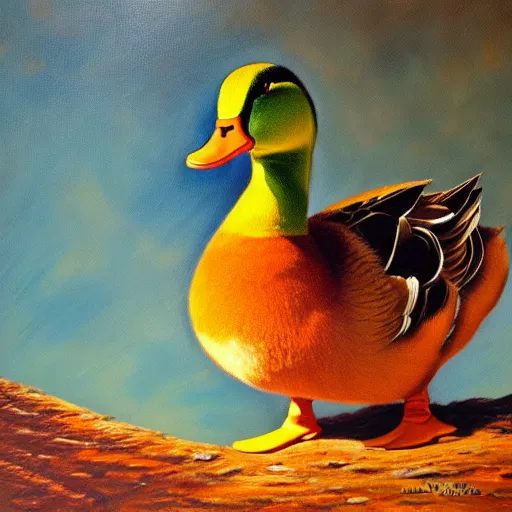 Prompt: a duck on the prowl oil painting jim warren