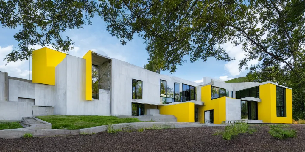 Image similar to large modern residence, white concrete, large windows, blue pipes, yellow metal, triangular features, Washington State