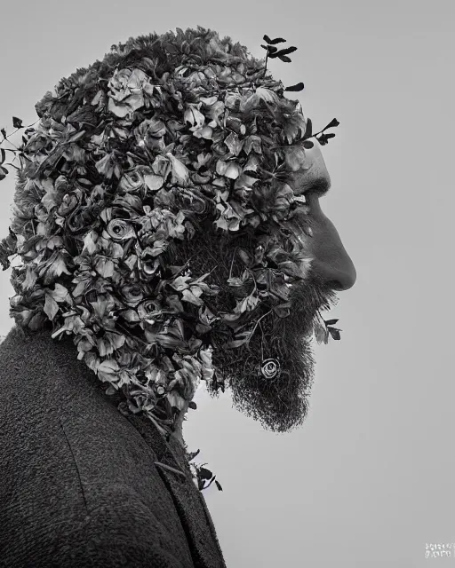 Prompt: a man's face in profile, long beard, made of flowers, in the style of the Dutch masters and Ansel Adams, dark and moody