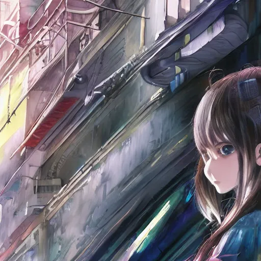 Image similar to dynamic composition, motion, ultra-detailed, incredibly detailed, a lot of details, amazing fine details and brush strokes, colorful and grayish palette, smooth, HD semirealistic anime CG concept art digital painting, watercolor oil painting of Clean and detailed post-cyberpunk sci-fi close-up schoolgirl in asian city in style of cytus and deemo, blue flame, relaxing, calm and mysterious vibes,, by a Chinese artist at ArtStation, by Huang Guangjian, Fenghua Zhong, Ruan Jia, Xin Jin and Wei Chang. Realistic artwork of a Chinese videogame, gradients, gentle an harmonic grayish colors. set in half-life 2, Matrix, GITS, Blade Runner, Neotokyo Source, Syndicate(2012), dynamic composition, beautiful with eerie vibes, very inspirational, very stylish, with gradients, surrealistic, dystopia, postapocalyptic vibes, depth of field, mist, rich cinematic atmosphere, perfect digital art, mystical journey in strange world