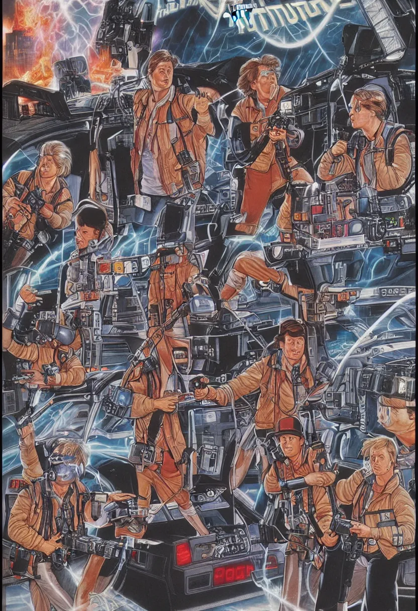 Image similar to 8 0's movie poster for back to the future vs. ghostbusters, art by drew struzan
