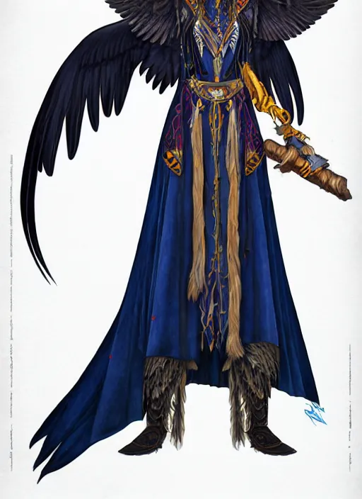 Image similar to hawk and raven headed warlock, wind magic, blue robes, exquisite details, full body character design on a white background, by studio muti