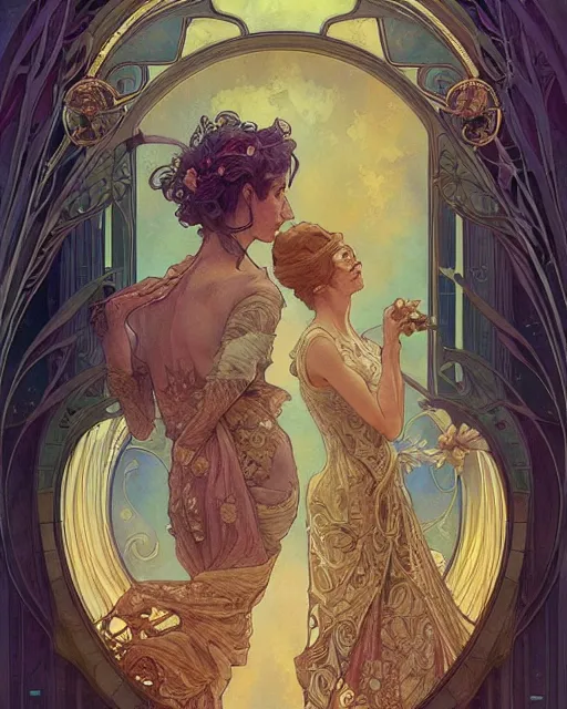 Image similar to a couple, highly detailed, very intricate, art nouveau, gold filigree, romantic storybook fantasy, soft cinematic lighting, award - winning, disney concept art watercolor illustration by mandy jurgens and alphonse mucha and alena aenami, pastel color palette, featured on artstation