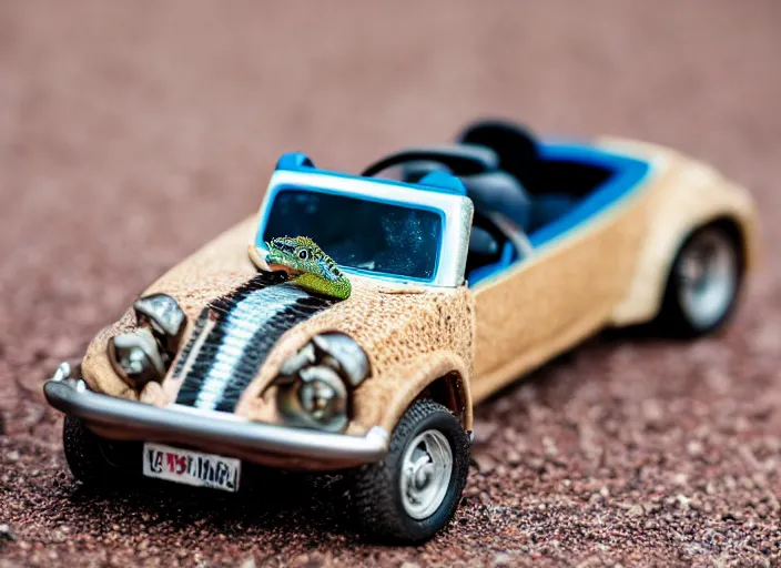 Image similar to dslr portrait still of a bearded dragon driving a little toy car, 8 k 8 5 mm f 1. 4