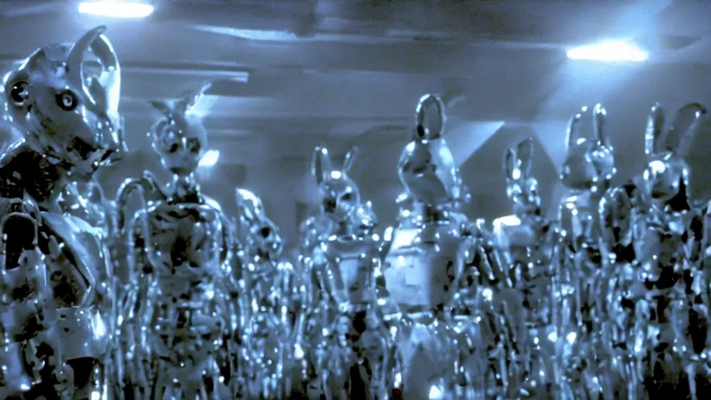 Image similar to movie scene of donnie darko but with robots, movie still, cinematic composition, cinematic light, by edgar wright