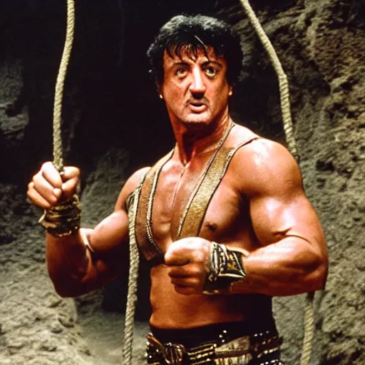 Image similar to sylvester stallone as indiana jones with a whip in his hand, holding a golden mayan skull, in a cave full of traps