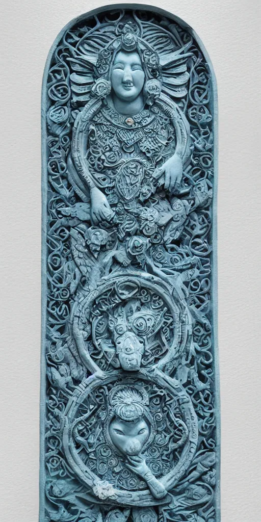 Image similar to intricate colourfully painted carved Soapstone relief paneling, white and pale blue , celestial, piggy, pig goddess, mother earth, Earth Goddess mythology, Gaia, angels, divinity, Ghostly, crystaline celtic, insanly detailed , artstation, wallpaper, hyper realistic, realistic lighting