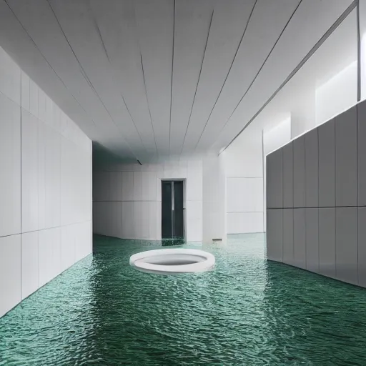 Image similar to a large room with surreal minimalist architecture partially flooded by slightly green water, liminal space, made of all white ceramic tiles, surreal, hallways, rounded ceiling, stairs,