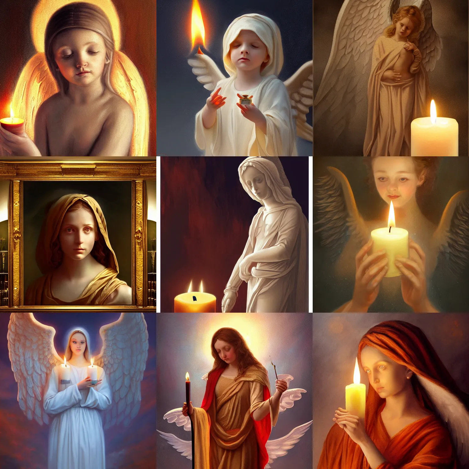 Prompt: The flame of a candle in the shape of an angel, realistic painting, classical painting, high definition, digital art, matte painting, very detailed, realistic