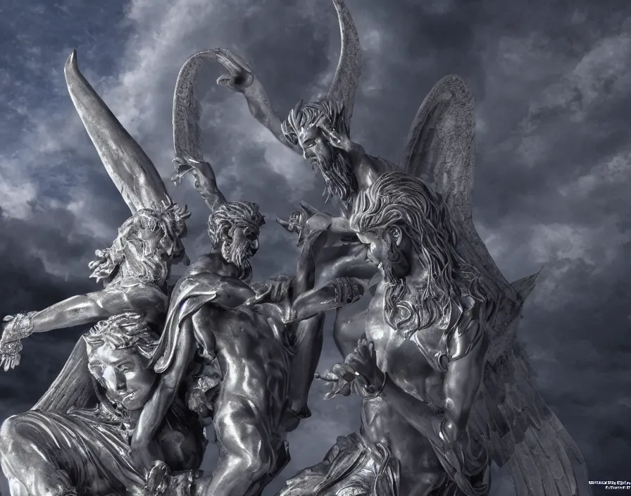 Image similar to silver statue of god and lucifer, beautiful texture, beautiful graphics, fantasy artwork, very beautiful scenery, hd, hdr, ue 5, ue 6, unreal engine 5, cinematic 4 k wallpaper, 8 k, ultra detailed