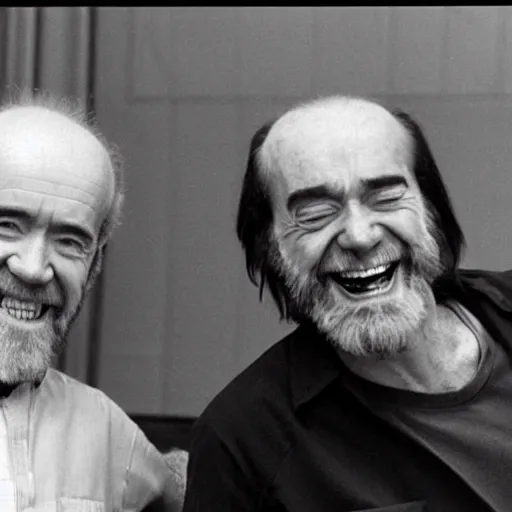Prompt: George Carlin and Carl Sagan laughing together at the edge of time, fantastical