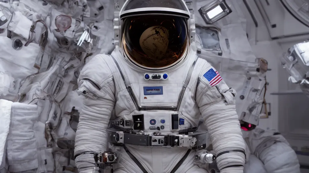 Image similar to an astronaut from interstellar movie, third - person view, white balance, hyperdimensional, 8 k, rim lighting, led, lumen global illumination, opaque, glowing, rubber, ray tracing reflections