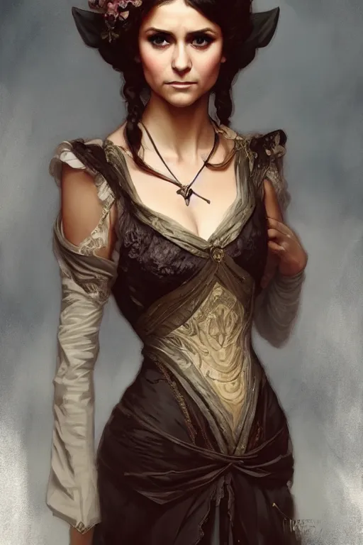 Image similar to Nina Dobrev dressed in a victorian fashion, D&D, fantasy, intricate, elegant, highly detailed, digital painting, artstation, concept art, matte, sharp focus, illustration, art by Artgerm and Greg Rutkowski and Alphonse Mucha