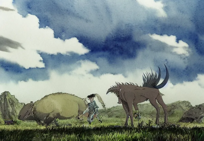 Image similar to a hyperrealist watercolor concept art from a studio ghibli film showing a giant grey mechanized prehistoric wildebeest from howl's moving castle ( 2 0 0 4 ). stonehenge is under construction in the background, in the rainforest on a misty and starry night. by studio ghibli. very dull muted colors