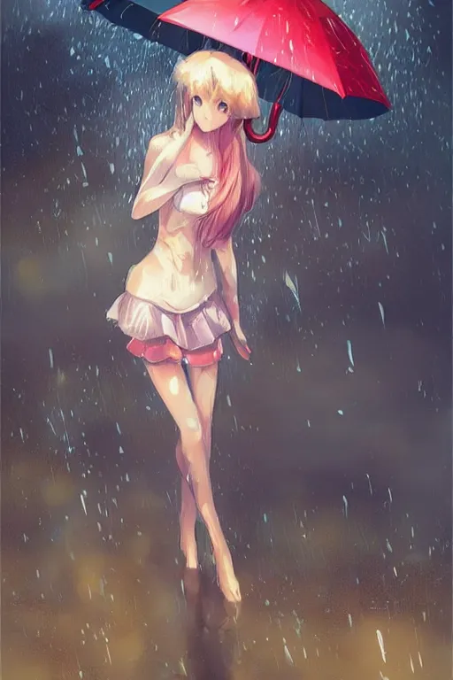 Prompt: cute girl in the rain under an umbrella, by wlop, concept art, poster, sailor moon artstyle