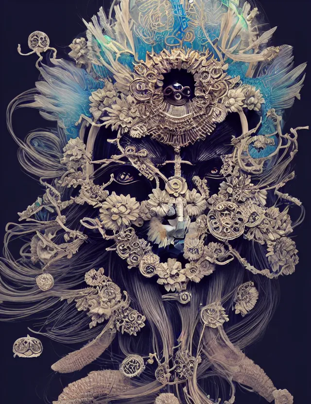 Image similar to goddess macro close - up portrait with crown and mask made of ram skull. beautiful intricately detailed japanese crow kitsune mask and clasical japanese kimono. betta fish, jellyfish phoenix, bioluminescent, plasma, ice, water, wind, creature, artwork by tooth wu and wlop and beeple and greg rutkowski