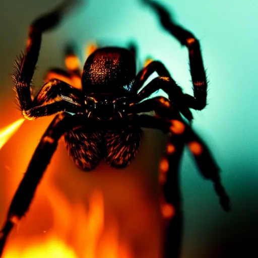 Image similar to cinematic headshot portrait of a spider flies in the fire, movie still, more details, dramatic lightning,