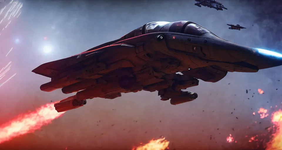 Prompt: macro closeup photo of mass effect harrier jump jet being chased in a post apocalyptic fallout 4 city, 3 pm, smoke, dust, embers, mad max, action, speed, rocket league, volumetric lighting, hdr, need for speed, gta 5, ridley scott, syd mead, craig mullins, cinematic, blade runner, octane