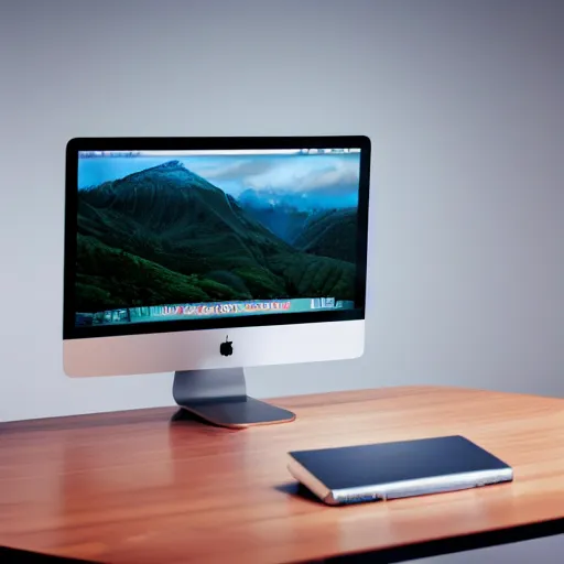 Image similar to an iMac computer sitting on a wood conference table, closeup shot, advertising lighting