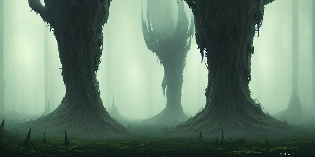 Image similar to strange alien forest, misty, ultra high definition, ultra detailed, symmetry, sci - fi, dark fantasy, by greg rutkowski and ross tran