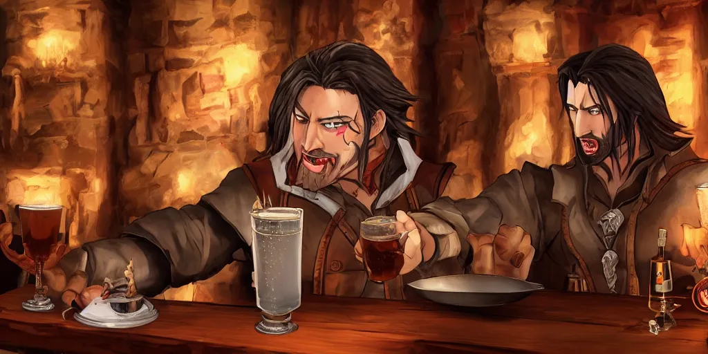 Image similar to Trevor Belmont from Castlevania, enjoying a pint of ale at a tavern, digital art, HDR, happily smiling, holding the pint of ale, sitting at the bar, warm lantern lighting.